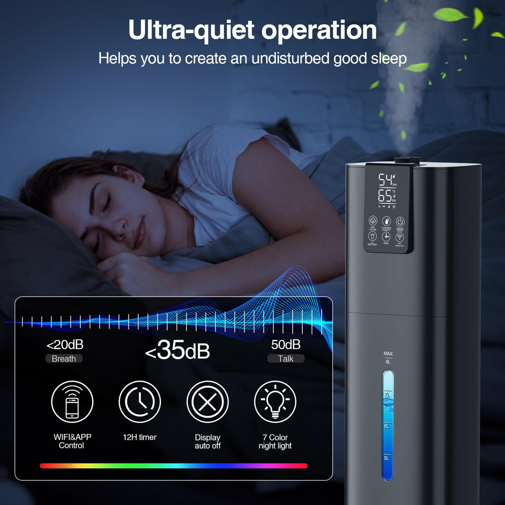 Smart Humidifiers Large Room Bedroom Home, 2.11Gal(8L) Quiet Top Fill Cool Mist Humidifier, Smart App & Remote Control, 3 Speed Humidifier with 360° Nozzle, Humidity Setting for Baby Office(Blue)