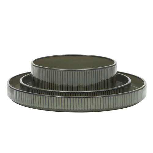 Gibson Elite 12 Piece (Service for 4) Townscape Plates and Bowls Reactive Glaze Embossed Round Dishes Terracotta Ceramic Dinnerware Set - Dark Green