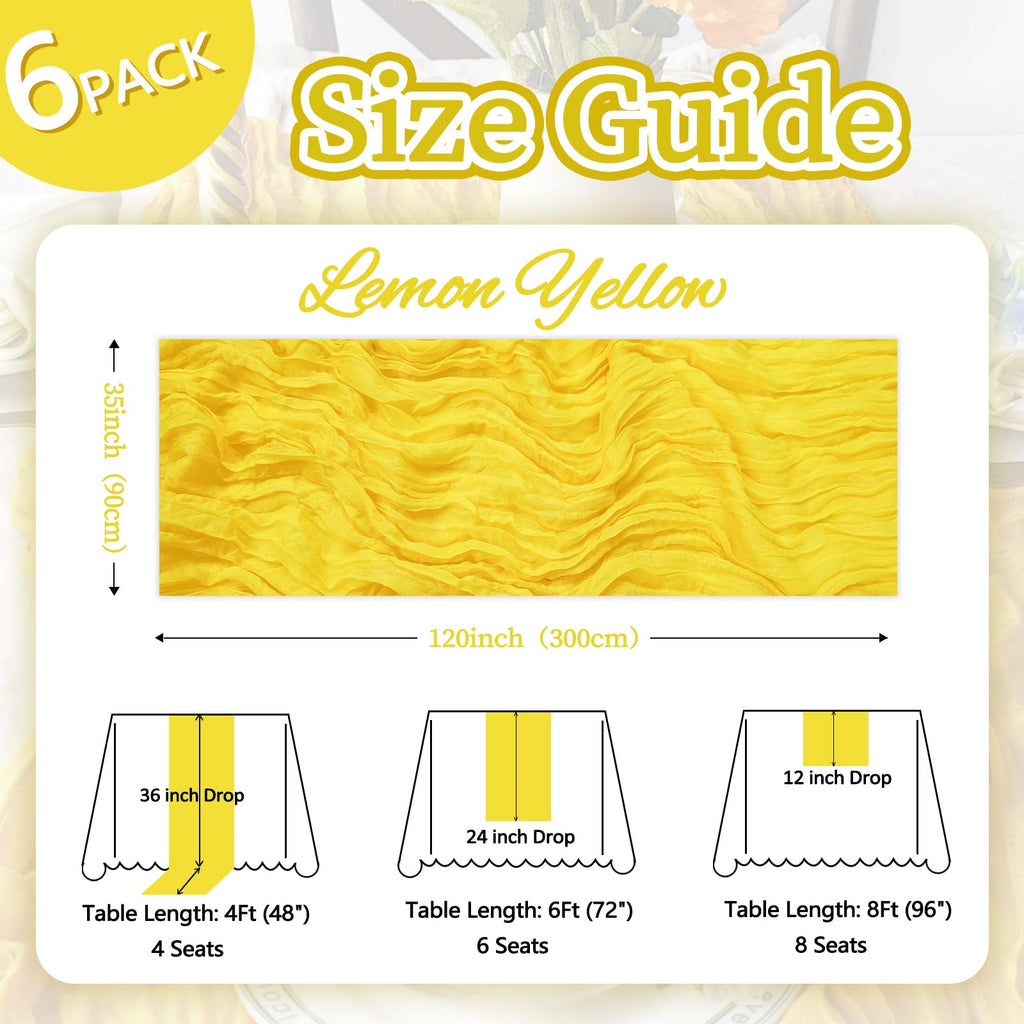6 Pack Lemon Yellow Table Runner 10ft Boho Gauze Fabric Cheesecloth Table Runner 35 x 120 Inch Rustic Sheer Runner for Holiday Baby Shower Home Décor Party Wedding Decoration
