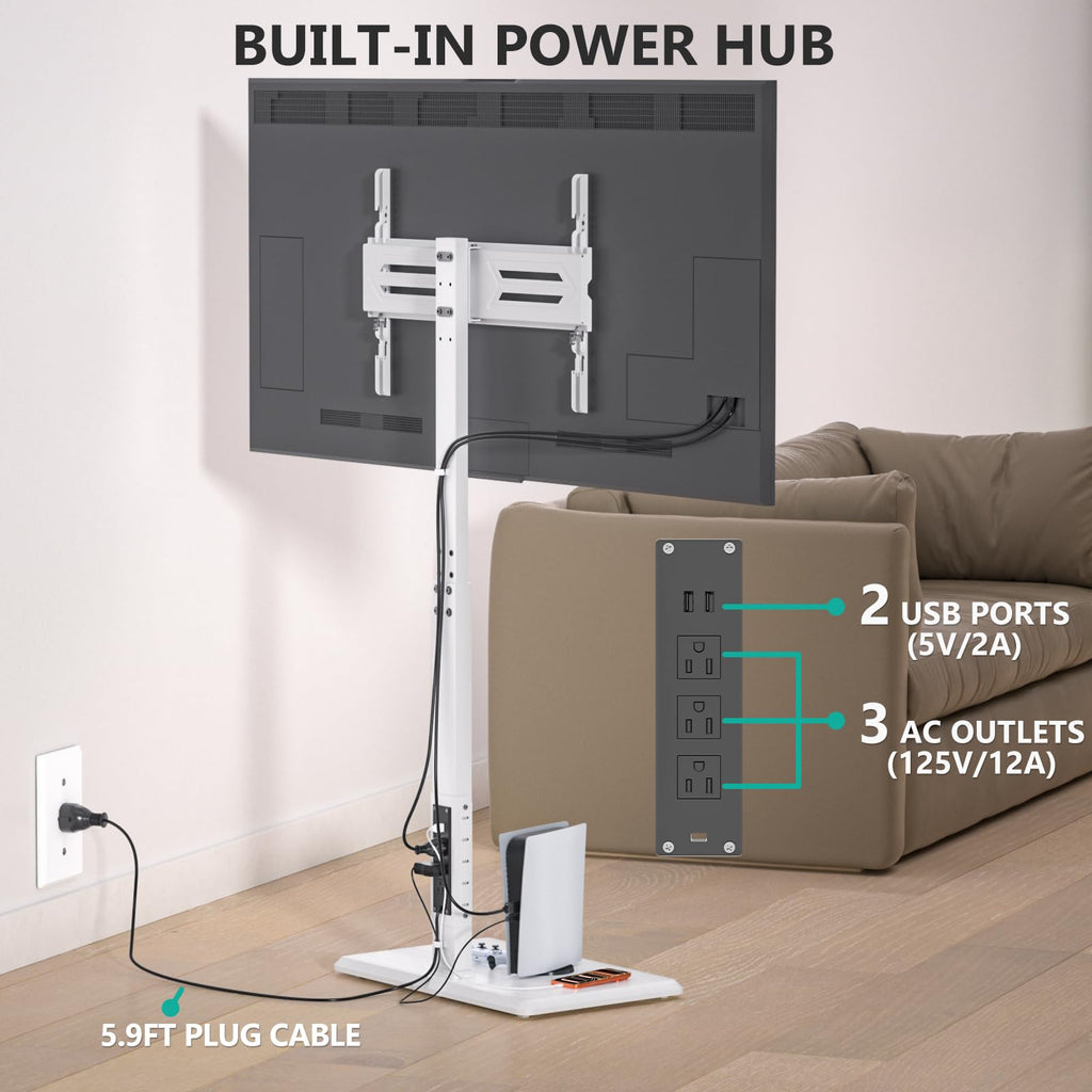 WALI Floor TV Stand with Power Outlet, Tall TV Stand Mount for 32-75 inch TVs up to 110 lbs, Swivel and Height Adjustable TV Stands with Wood Base for Bedroom, Office(TVDVD-7PW), White