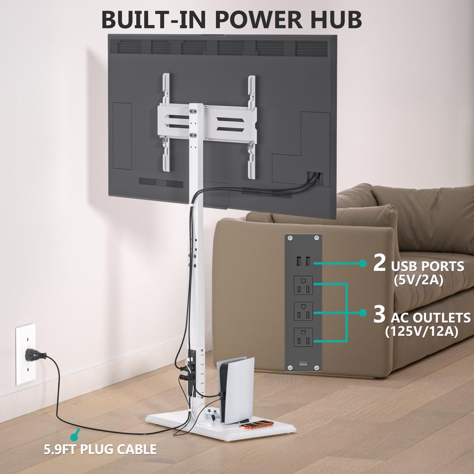 WALI Floor TV Stand with Power Outlet, Tall TV Stand Mount for 32-75 inch TVs up to 110 lbs, Swivel and Height Adjustable TV Stands with Wood Base for Bedroom, Office(TVDVD-7PW), White