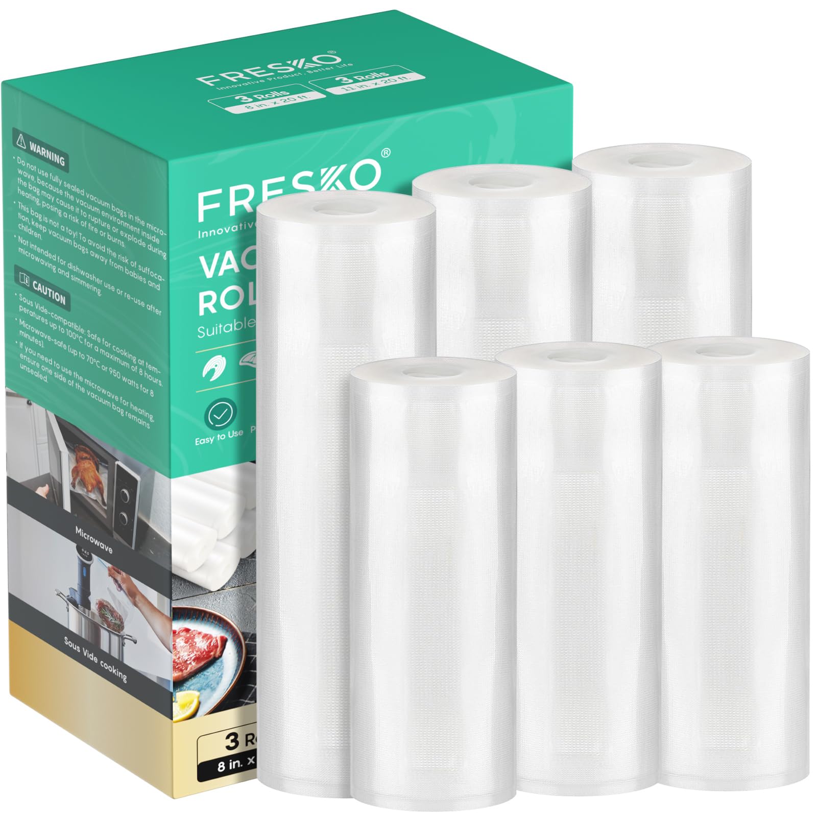 FRESKO Vacuum Sealer Bags Food Rolls 6 Packs - 8" x 20' & 11" x 20', Commercial Grade Seal a Meal Bags for Storage Food and Sous Vide, BPA Free, Customized Size for Vacuum Sealer