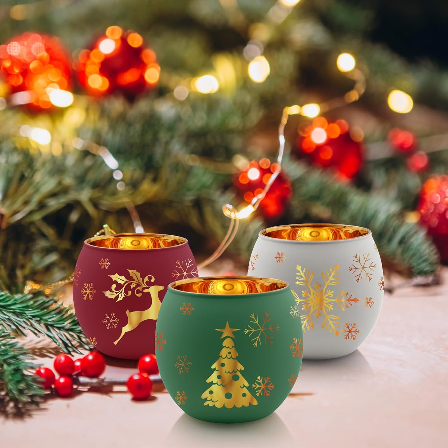Skiennix Christmas Votive Candle Holder Set - 6 Red, Green & White Glass Tealight Holders with Laser Engraved Patterns for Festive Table Decor