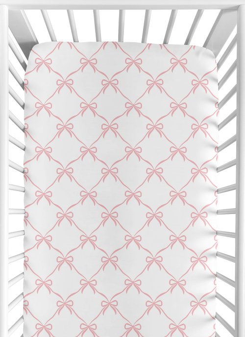 Sweet Jojo Designs Fitted Baby Crib Sheets (Pink Bows) for Girls, Infant Nursery, Toddler Bed Room - Standard Size Mattress (Blush and White Bow for The Ballerina Ballet Dancer Princess Collection)