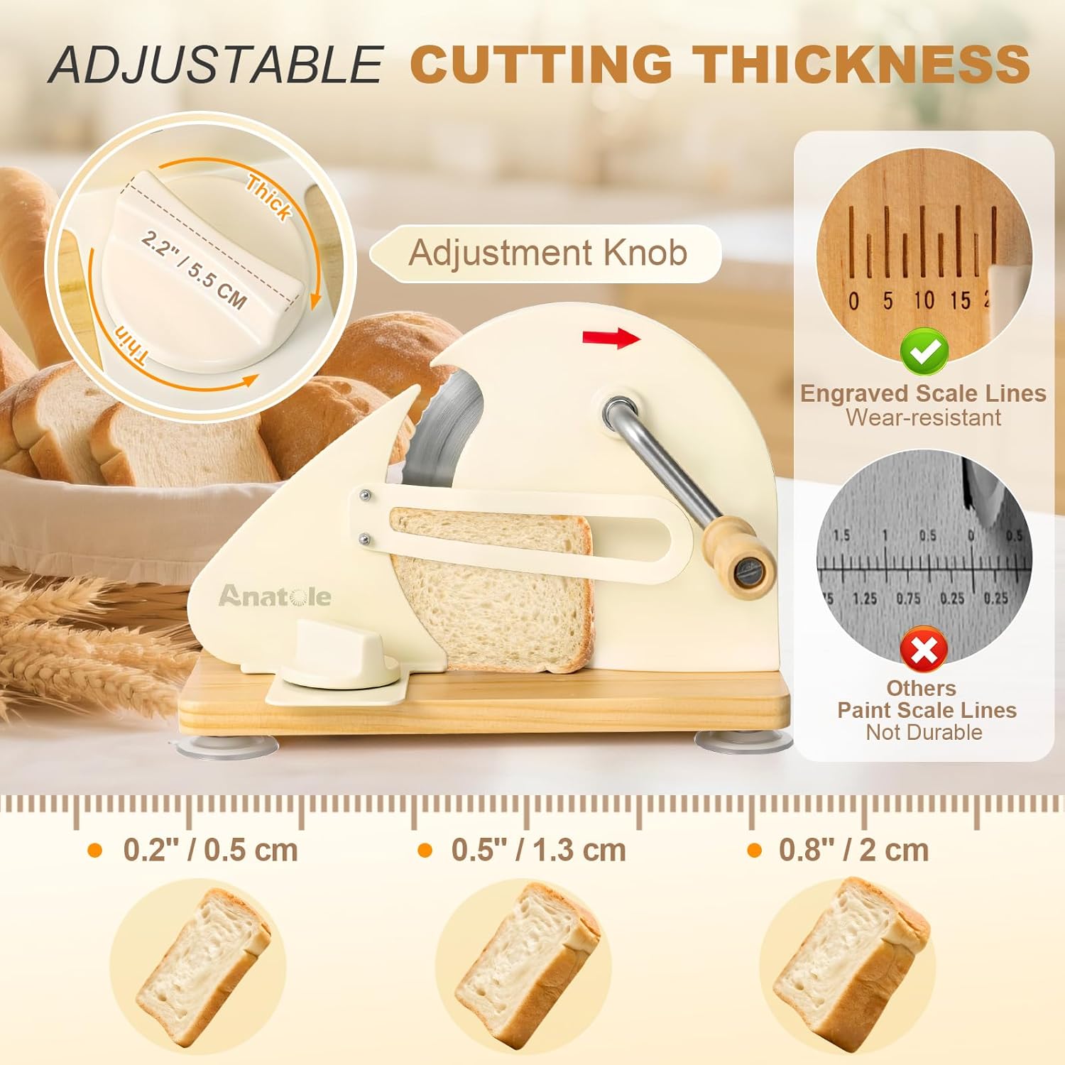 Anatole Foldable Manual Bread Slicer - Adjustable Thickness for Homemade Sourdough | Stainless Steel Blade & Suction Cups