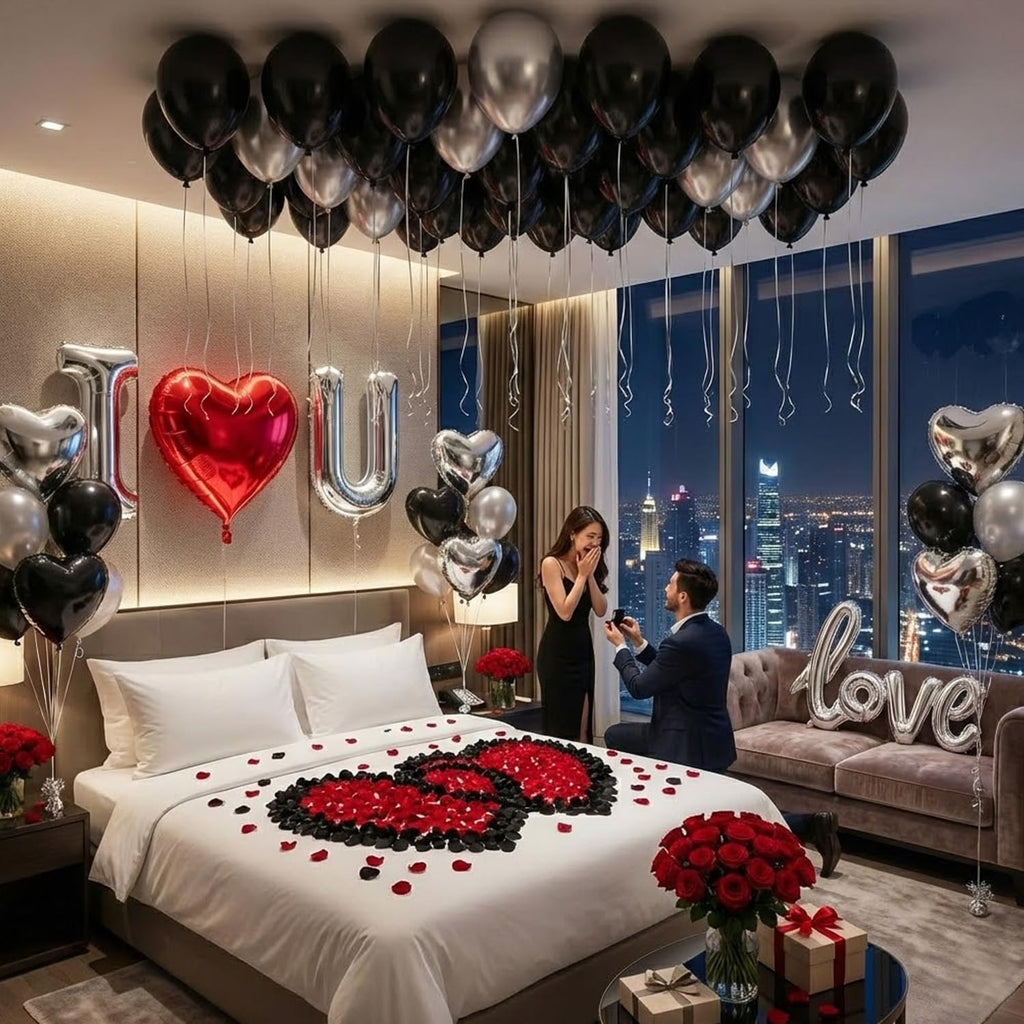 Black Silver Romantic Special Night Decorations with I Love You and Heart Balloons & 600 Rose Petals for Anniversary, Valentine Day, Bedroom, Hotel Room, Birthday Decorations for Him