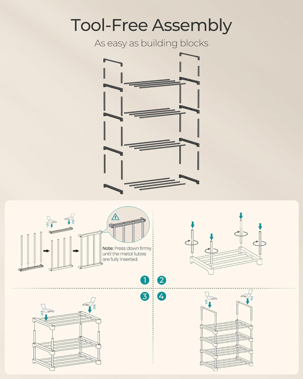 SONGMICS 4-Tier Shoe Rack - Stackable Metal Organizer for 5-10 Pairs | Black, 11.8 x 16.7 x 28.2 Inches