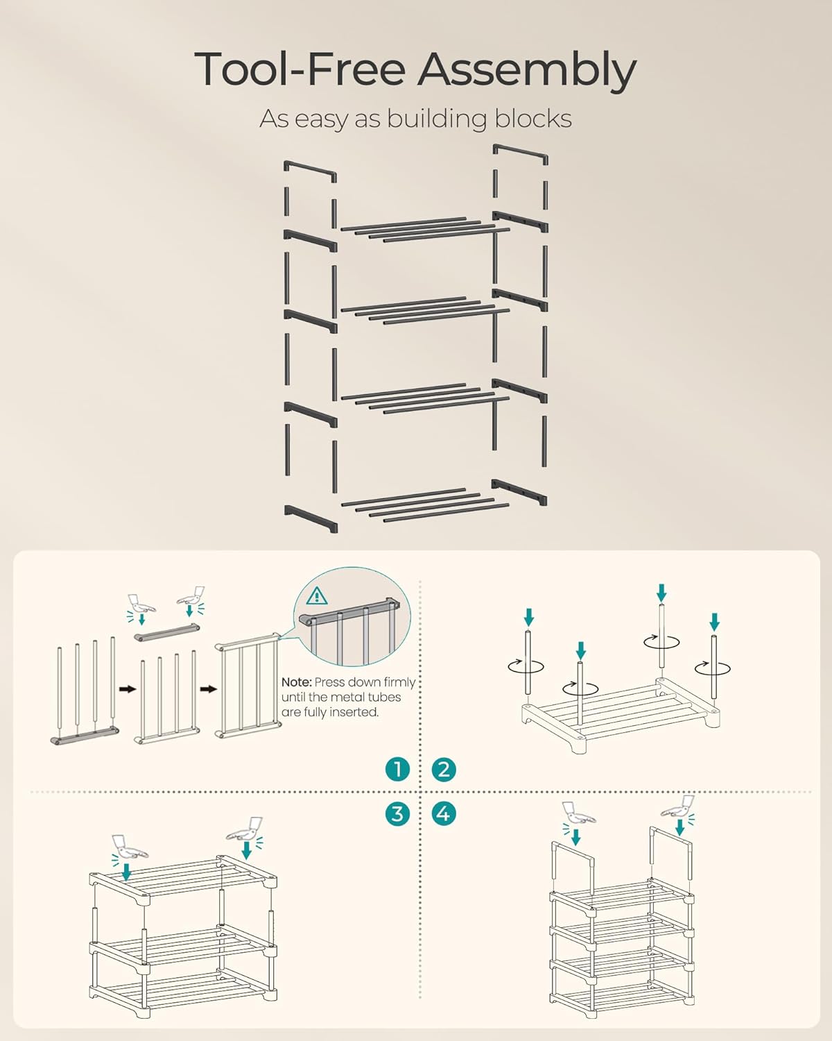 SONGMICS 4-Tier Shoe Rack - Stackable Metal Organizer for 5-10 Pairs | Black, 11.8 x 16.7 x 28.2 Inches