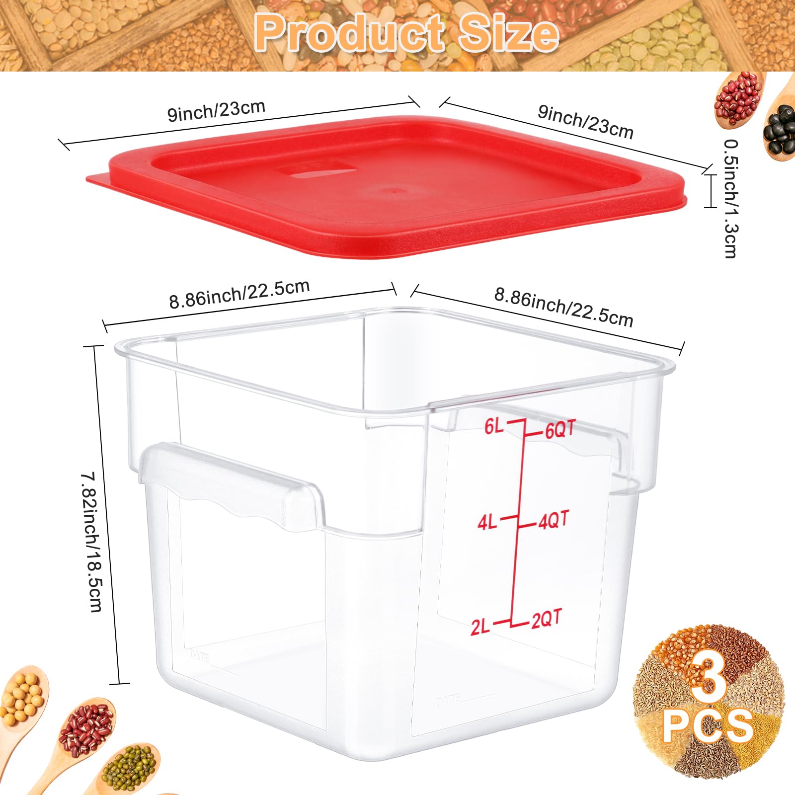 Ziliny 3 Sets 6 Qt Square Food Storage Containers with Lids Dough Proofing Bucket Commercial Polycarbonate Containers with Scale Clear Airtight Cereal for Pantry Home Restaurant (Red)