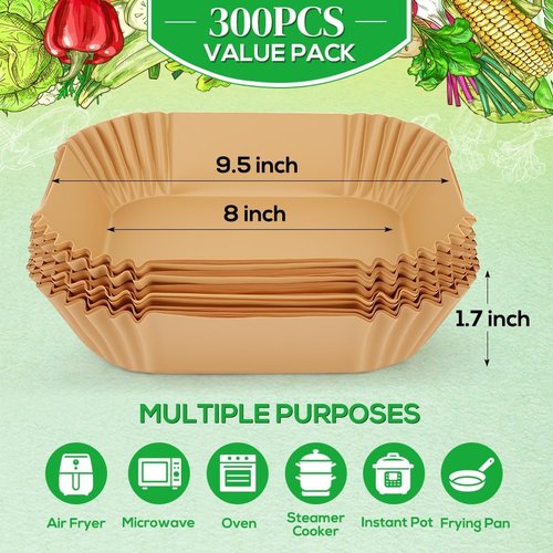 BYKITCHEN 300PCS Disposable Air Fryer Paper Liners - 8in Square Parchment for Ninja & Cosori Air Fryers