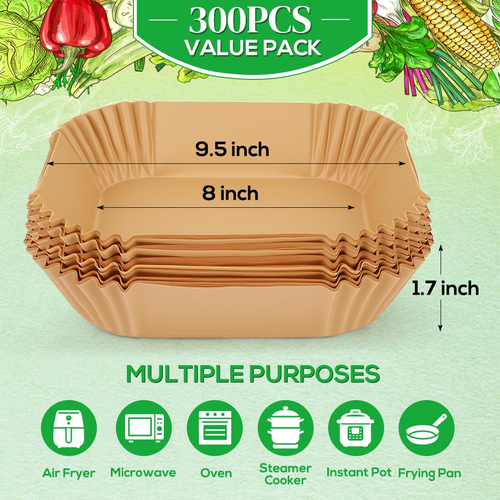 BYKITCHEN 300PCS Disposable Air Fryer Paper Liners for Ninja AF141 5 QT Pro AF181 6.5QT, Cosori Chefman 6 QT &Other 5 to 8Qt Airfryer, 8in Square Air Fryer Parchment Paper, Airfryer Basket Accessories