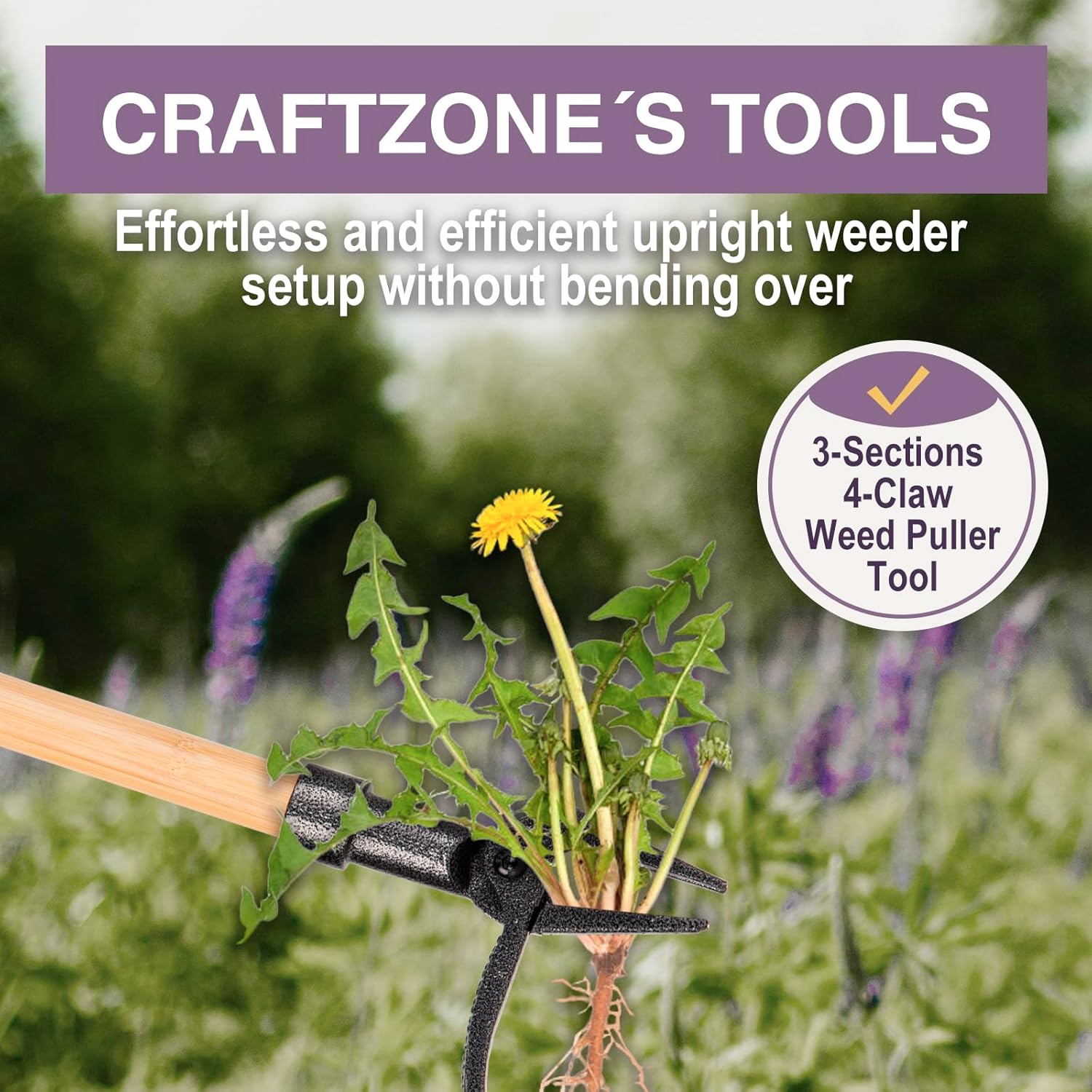 Skiennix Stand-Up Weed Puller Tool - 4-Claw Steel Head with Wooden Handle | Effortless Weeding Without Bending