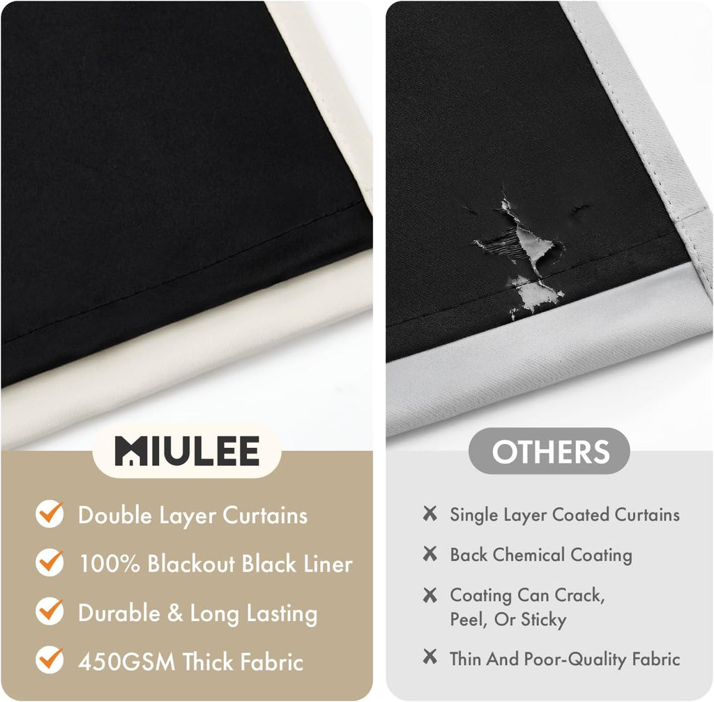 MIULEE 100% Blackout Curtains - Thermal Insulated, Noise Reducing, 96 Inch Long, 2 Panels, Cream