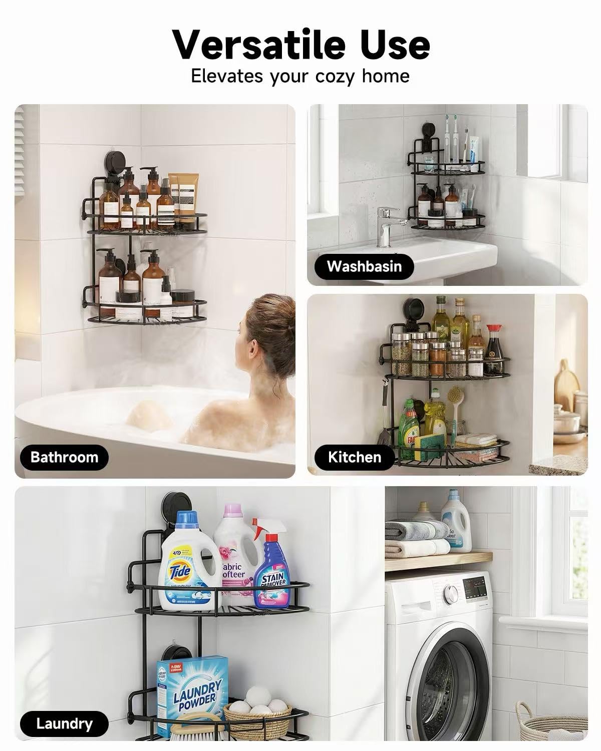 BANGMANG Shower Caddy Suction Cup, 2 Pack Suction Shower Shelf, NO-Drilling Bathroom Holder, Rustproof Bathroom Organizer for 90° Wall Corner, Black