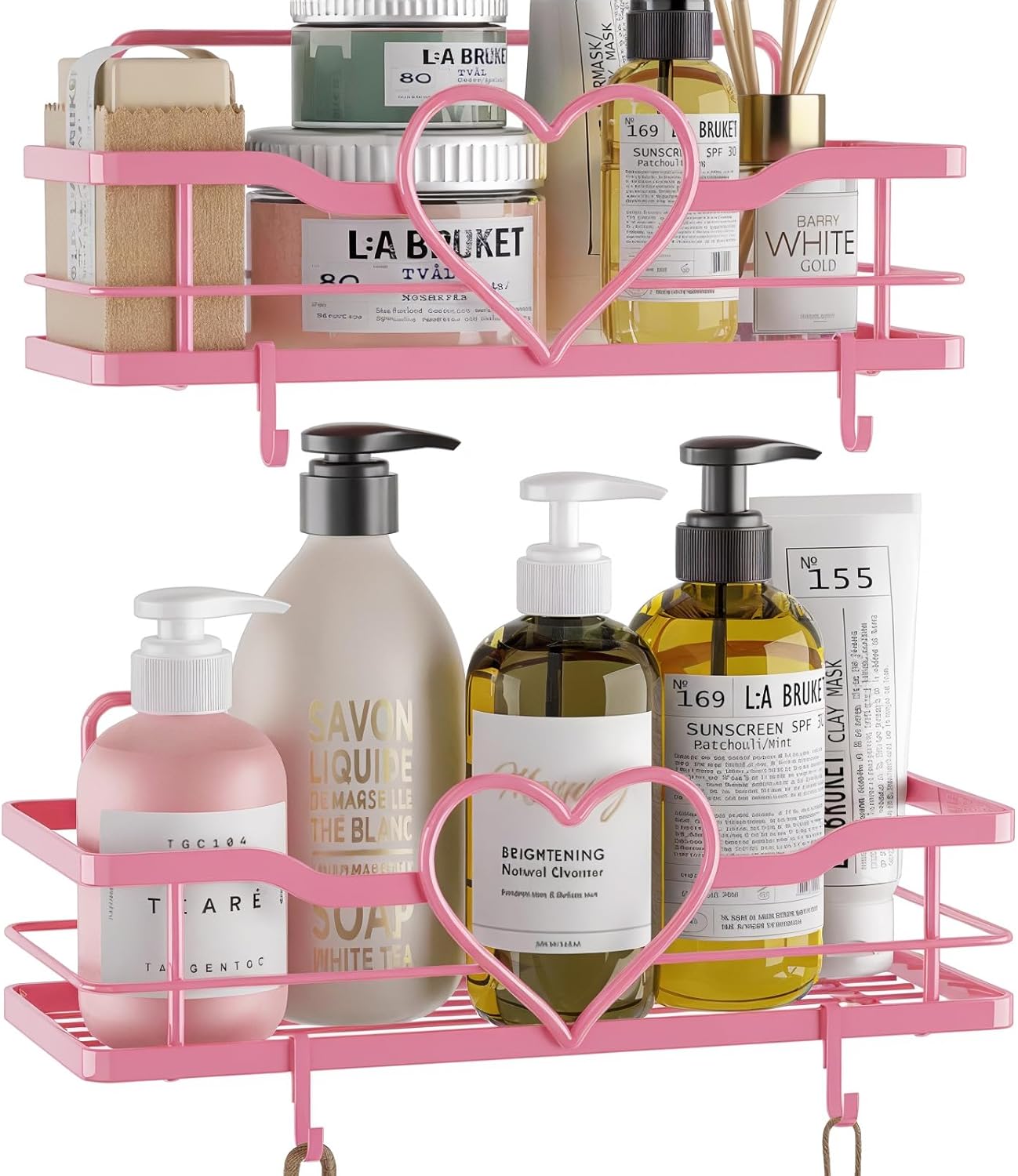 Skiennix Pink Shower Caddy - 4 Removable Hooks & No-Drill Adhesive Organizer | 2-Pack Shelves for Bathroom & Kitchen