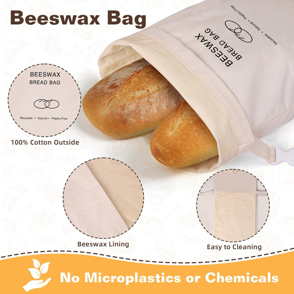 2 Pack Beeswax Bread Bag for Sourdough, Reusable Beewax Bread Bags, Organic Cotton Sourdough Bread Bags for Homemade, Keep Bread Fresh, Freezing Safe with Cleaning Brush-Care