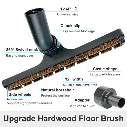 Hardwood Brush Vacuum Attachment for 1 1/4" 2 1/2" Shopvac Wet Dry Vacs, Horsehair Bristles Parquet Nozzle, 12" Shop Vac Floorhead Accessory (1.25" Hard Floor Head & 2.5" Vac Hose Adapter)