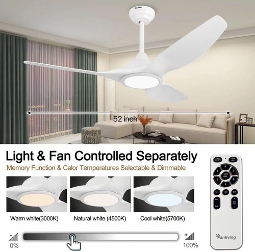 52-Inch Modern Ceiling Fan with Light - Quiet DC Motor & Remote Control | White Finish for Bedroom & Living Room
