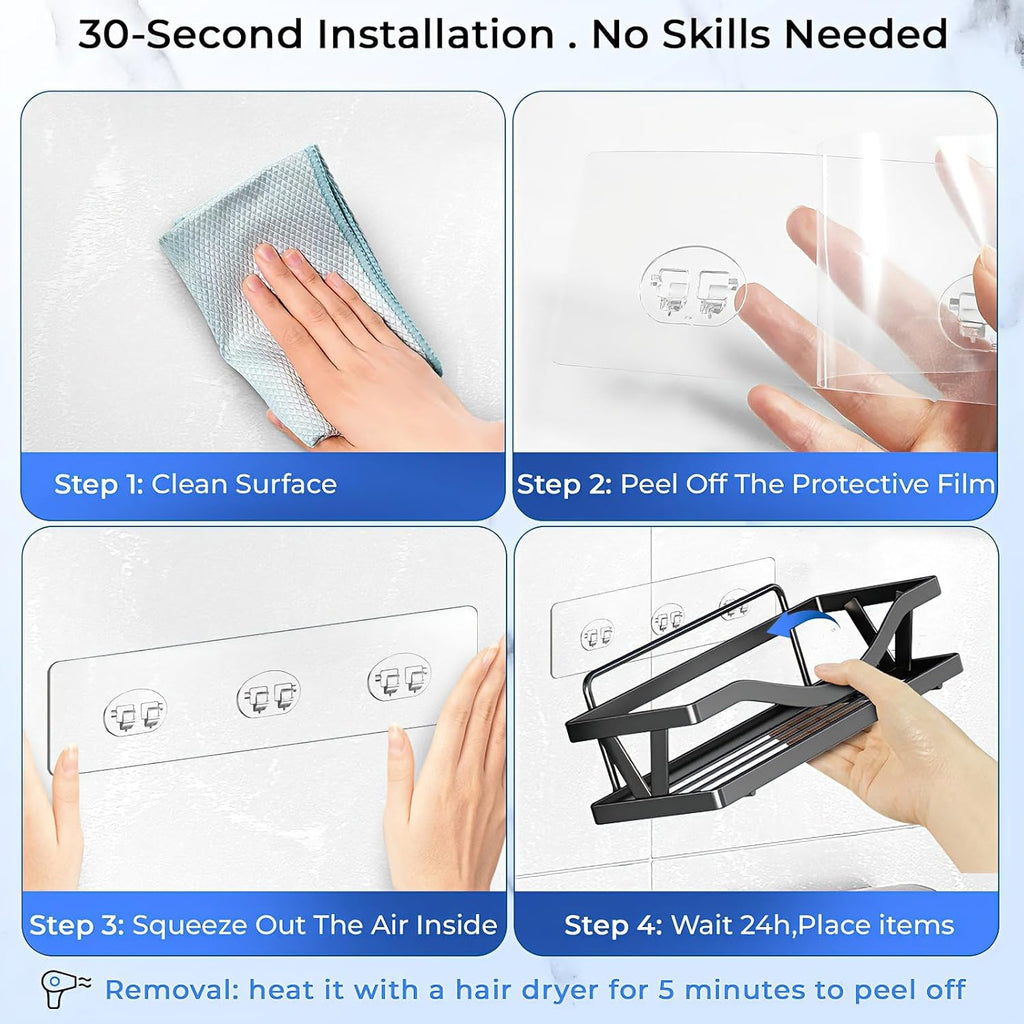 Skiennix Shower Caddy Adhesive Hooks - Strong Waterproof Strips for No-Drill Bathroom & Kitchen | 14 Pack, Transparent