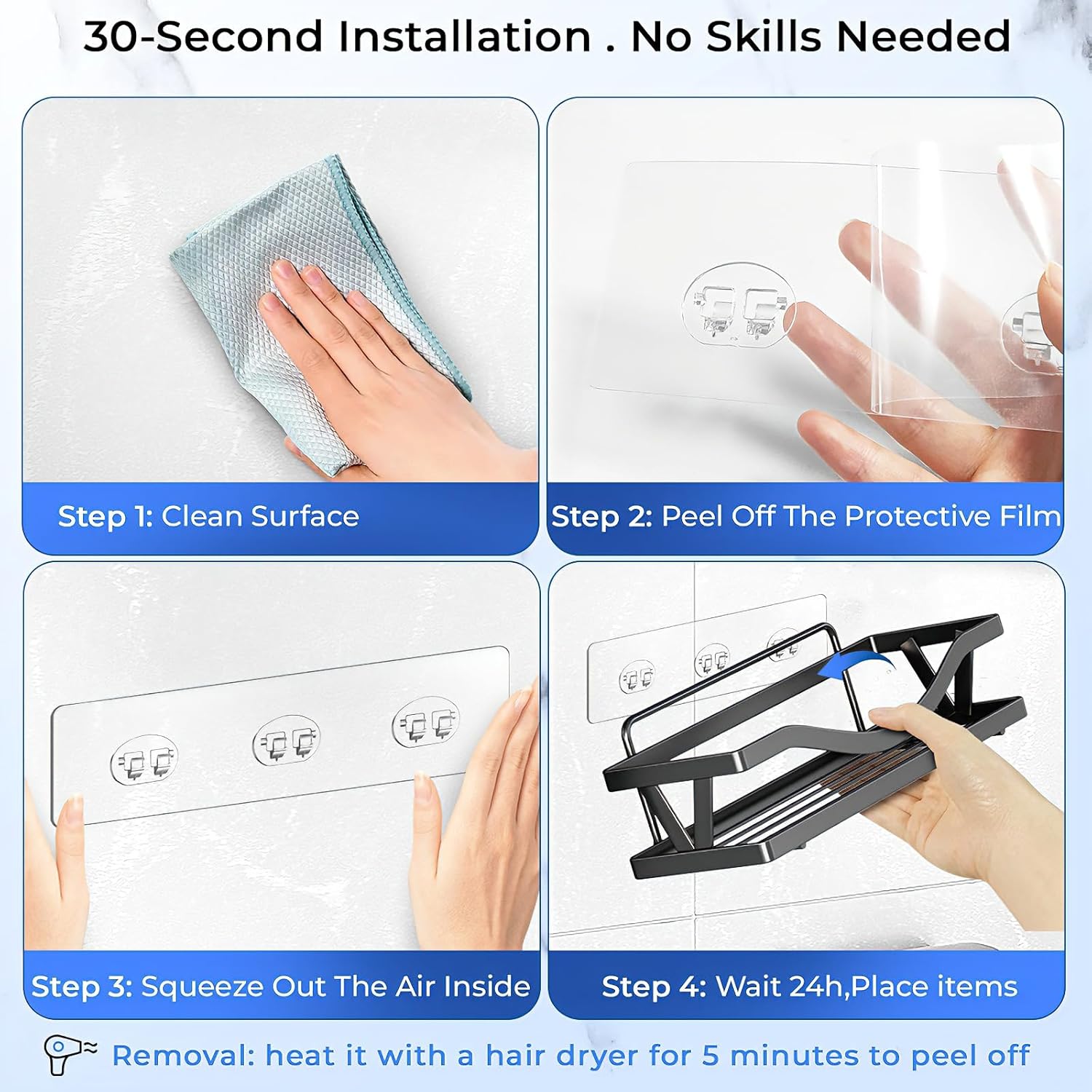 Skiennix Shower Caddy Adhesive Hooks - Strong Waterproof Strips for No-Drill Bathroom & Kitchen | 14 Pack, Transparent