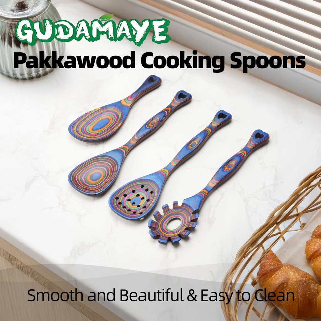 Gudamaye Pakkawood Wooden Cooking Utensils Set 7-Piece-Wooden Spoons for cooking, Wooden Utensil set with Ergonomic Non-Slip Handles, Heat-Resistant & Stylish Cooking Spoons, Non-Stick Spoon