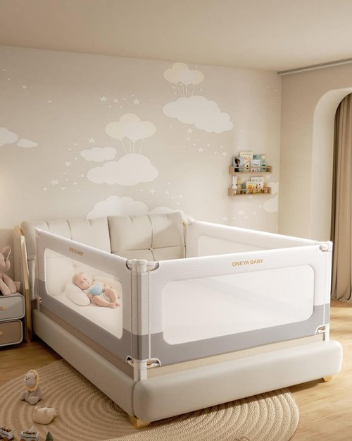 Baby Bed Rail Guard for Toddlers, Reinforced 74.8in Toddler Bed Rails for Twin, Full, King bed with Height Adjustable, Extral Tall Child Safety Side Railing Guards/Bedrail for Kids, White/Grey, 1 Side