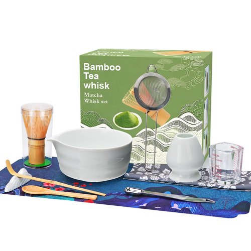 Matcha Whisk Set,11Pcs Matcha Set,Matcha Kit,Whisk Made from 100% Natural Bamboo, 11-component set for all your matcha-making needs,Contains stainless steel spoon, measuring cup(white)