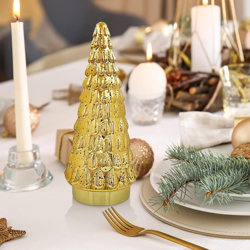 SHMILMH Gold Mercury Glass Christmas Tree - Set of 2 Battery Operated Tabletop Xmas Trees | 10" Decor