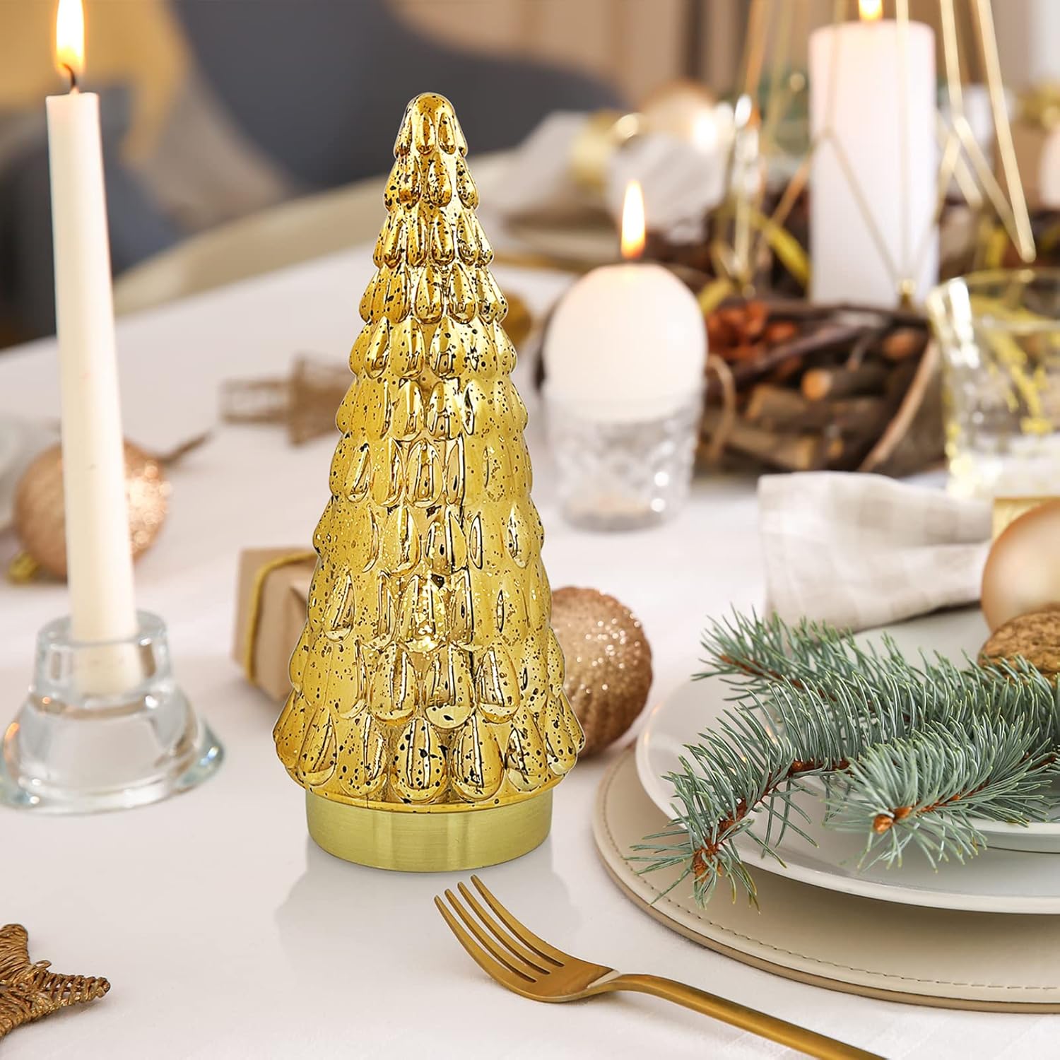 SHMILMH Gold Mercury Glass Christmas Tree - Set of 2 Battery Operated Tabletop Xmas Trees | 10" Decor