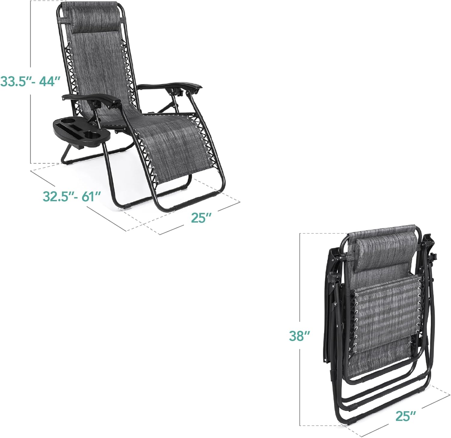 Best Choice Products Adjustable Steel Mesh Zero Gravity Lounge Chairs - Set of 2 with Pillows & Cup Holders - Gray