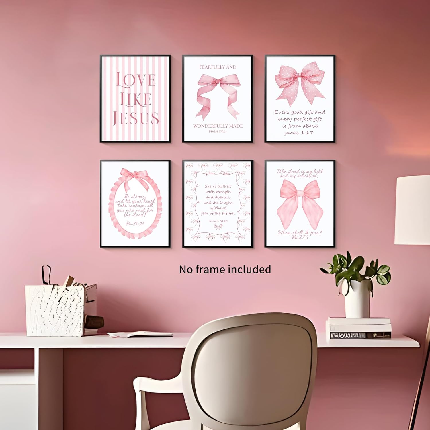 Skiennix 3-Piece Pink Bows Wall Art - Cute Bible Verse Prints for Girls' Rooms | 8x10 Inch Decor