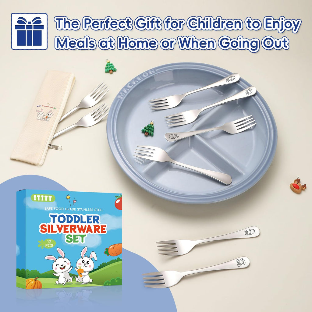 12 Pieces Stainless Steel Toddler Forks Set Kids Forks - Food Grade Kids Silverware Set Children Safe Small Forks Mirror Polished Sturdy and Durable Dishwasher Safe