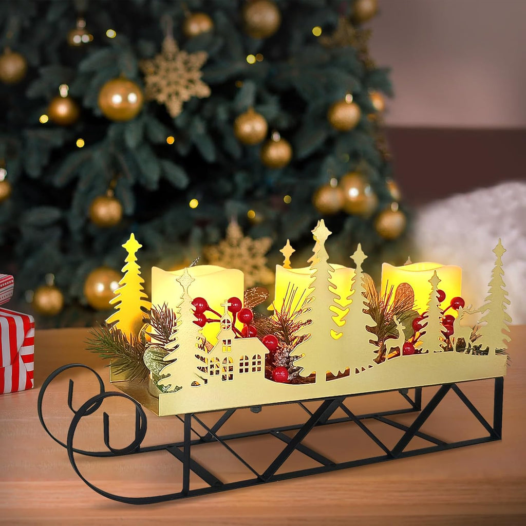 Skiennix Christmas Sleigh Table Centerpiece - Gold Cut-Out Tree LED Candle Holder with Timer | Holiday Decor