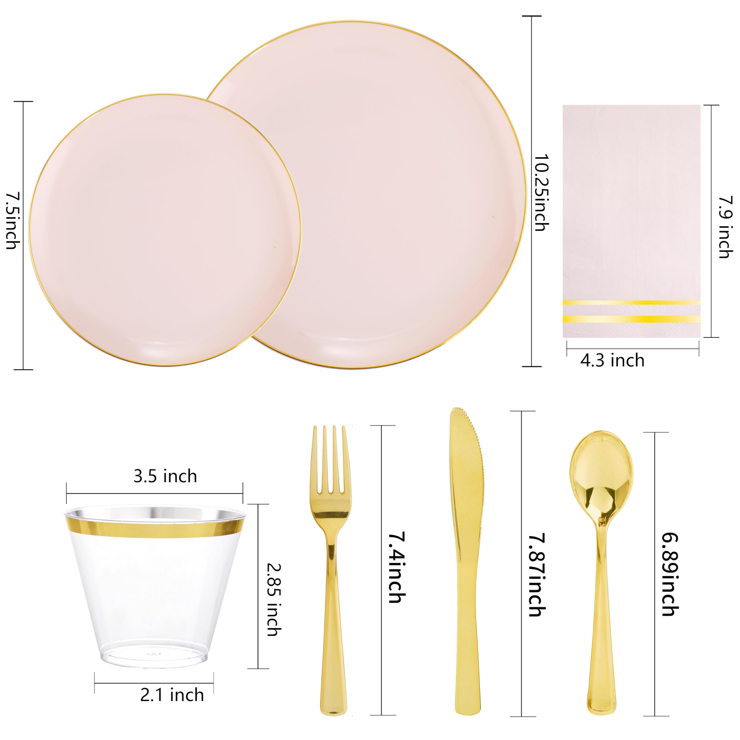 NOCCUR 350PCS Pink Plates Disposable - Pink Gold Plastic Dinnerware Set for 50 Guests Include 100 Dinner/Dessert Plates,150 Cutlery,50 Cups&50 Napkins - Ideal for Party/Wedding/Mother's Day