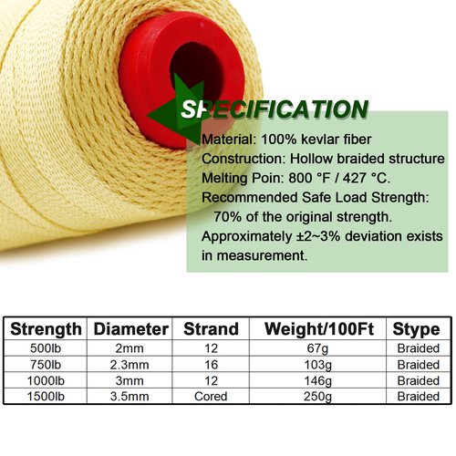 9KM DWLIFE Kevlar Kite String, 1500lb 300Ft, Braided Kevlar Line, Low Stretch, High Strength, Heavy Duty, Fishing Assist Cord, Camping, Hiking, Outdoor Survival Rope