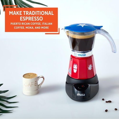 IMUSA Puerto Rico Boricua Flag Espresso Maker 6 Cup or 3 Cup | Limited Edition Moka Pot Coffee Maker | Cast Aluminum & Tritan Stovetop Espresso Machine | Traditional Puerto Rican Boricua Coffee Pot