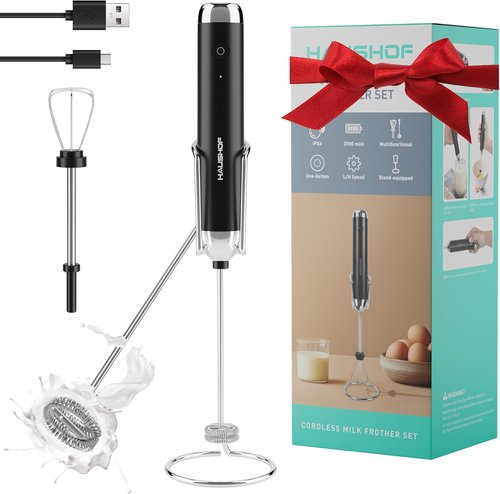 HAUSHOF Rechargeable Milk Frother Wand - Handheld Electric Foam Maker with Stand & 2 Whisks for Lattes & Cappuccinos