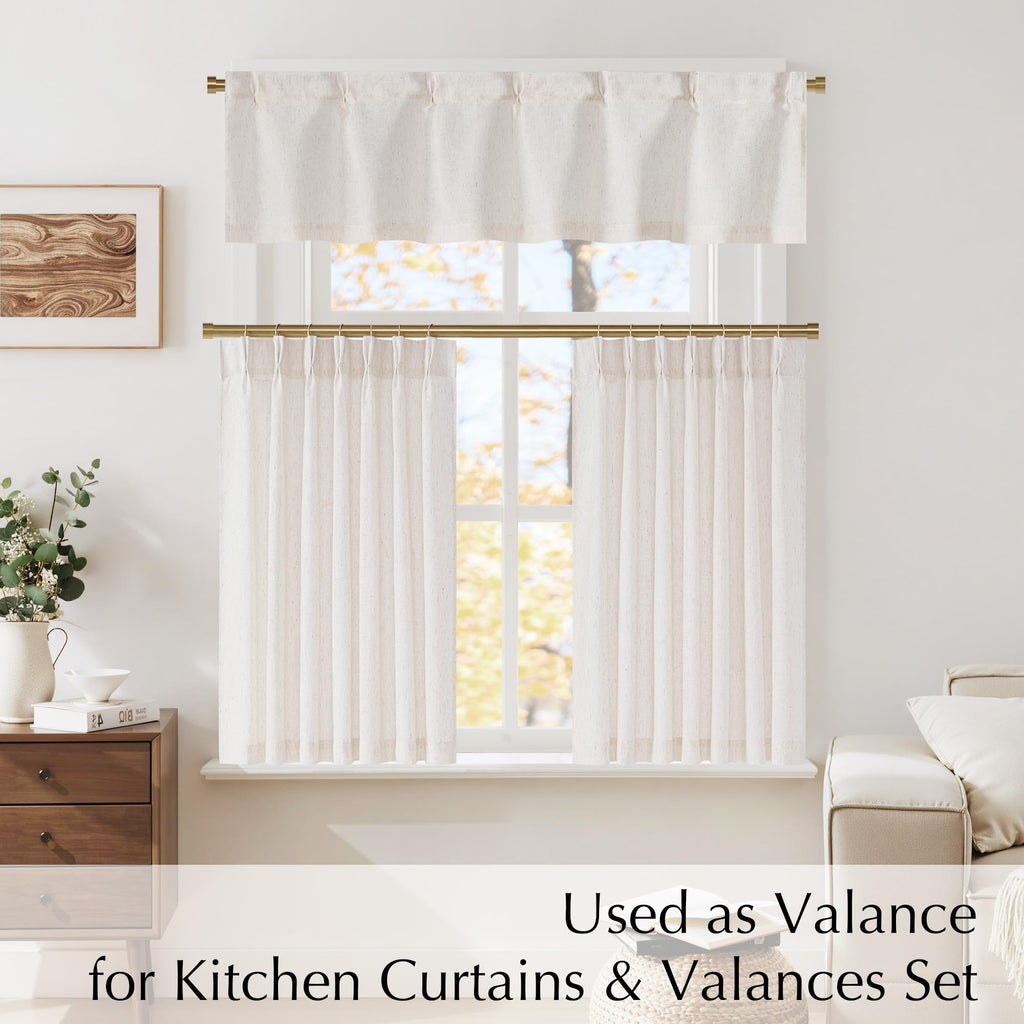 NICETOWN Pinch Pleated Linen Kitchen Curtains 24 Inches Long, 2 Panels Set Natural French Rustic Light Filtering Short Curtains for Cafe Bar Living Room Bedroom Window, 40" W x 24" L
