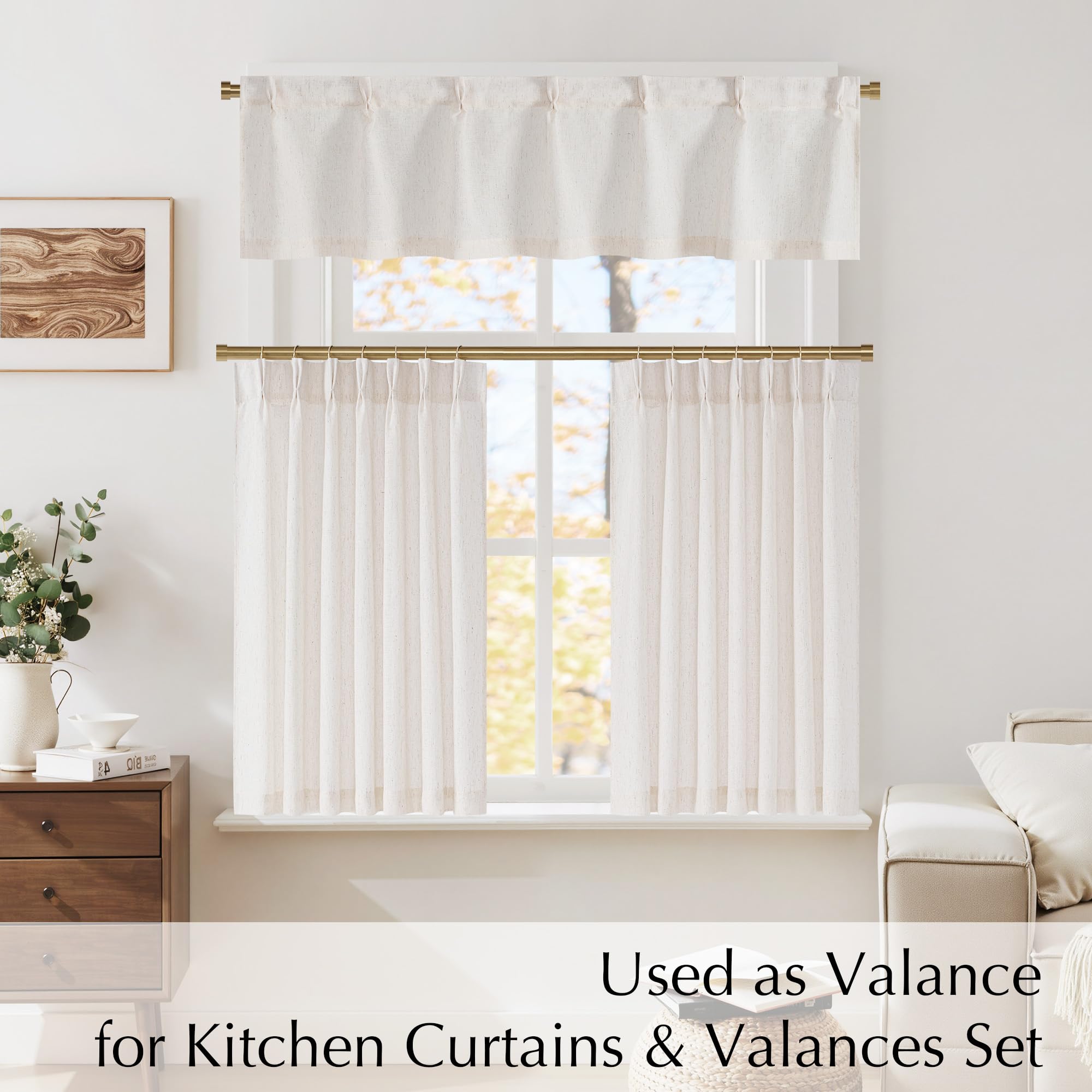 NICETOWN Pinch Pleated Linen Kitchen Curtains 24 Inches Long, 2 Panels Set Natural French Rustic Light Filtering Short Curtains for Cafe Bar Living Room Bedroom Window, 40" W x 24" L