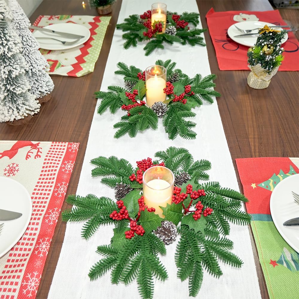Skiennix Christmas Small Wreaths - 3Pcs 13.5-Inch Greenery Pine Candle Rings for Home Decor