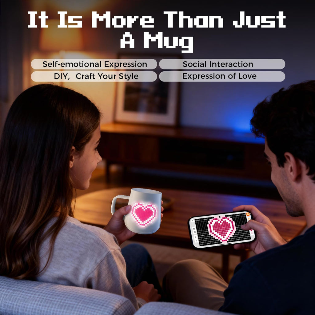 PixelMug P1:AI-Enhanced Smart Mug with Pixel Display|DIY Pixel Art|Remote Interaction|Coffee Temperature Tracking|App Control|Clock|Personalized Gift for Thanksgiving,Birthday,Christmas,Right Handle