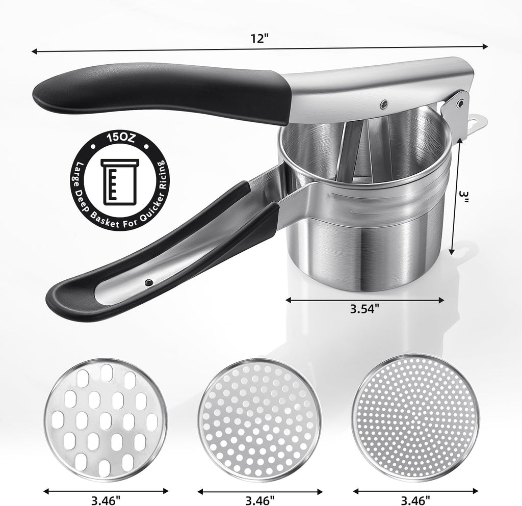 Sopito Stainless Steel Potato Ricer - Heavy Duty Masher with 3 Interchangeable Discs | Kitchen Gadget