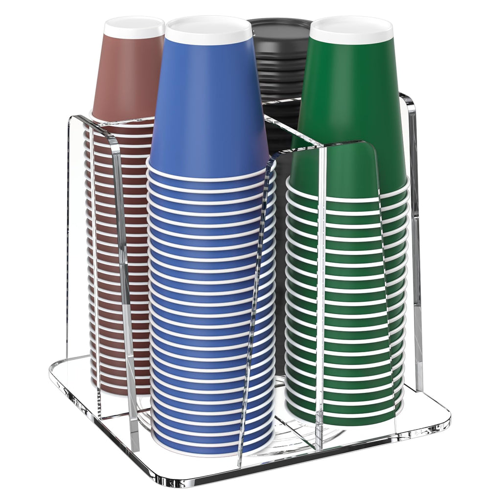HOUSEDOMO Coffee Cup Organizer for Countertop - Rotating Plastic Cup Holder 4 Compartments Clear Acrylic Cup and Lid Holder for Coffee Bar Restaurant Breakroom Disposable Paper Coffee Cup Dispenser