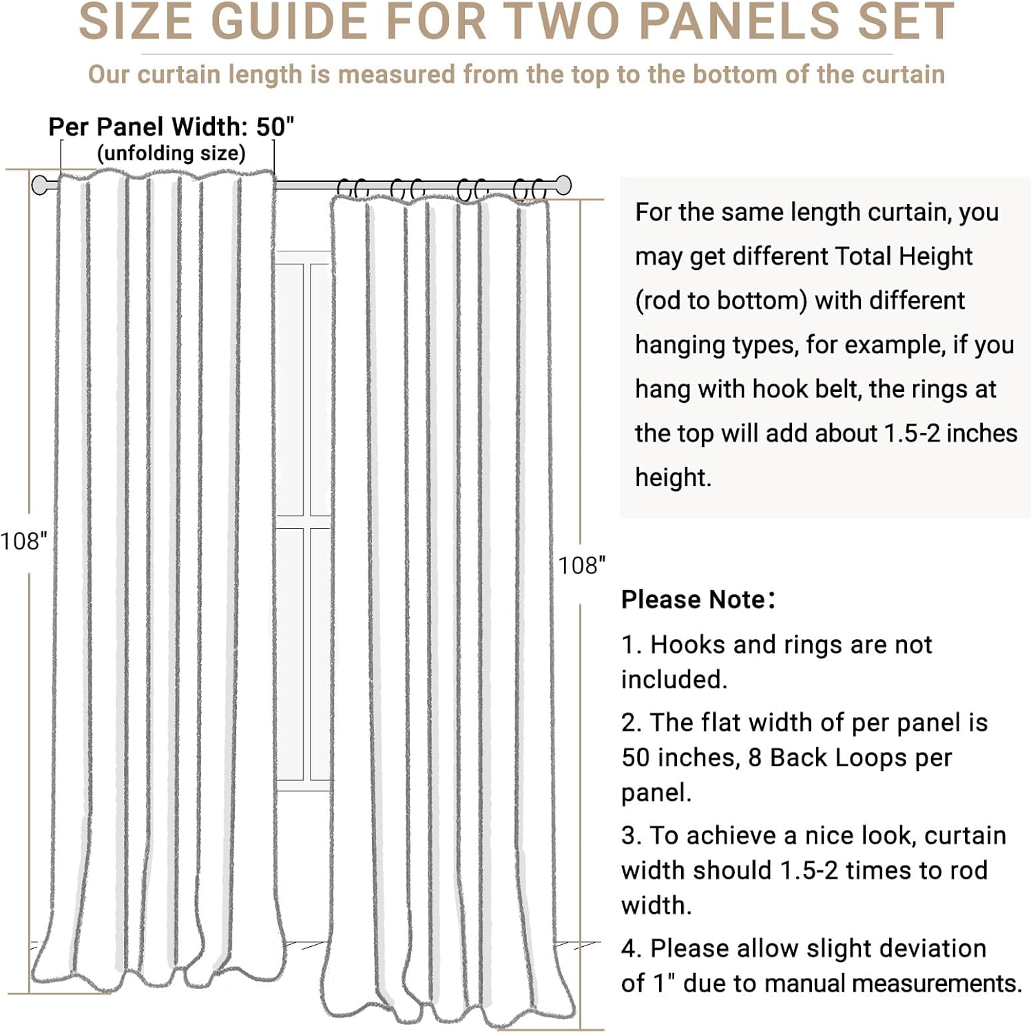 Skiennix 100% Blackout Linen Curtains - Thermal Insulated Drapes for Bedroom | 50" W x 108" L, Beige