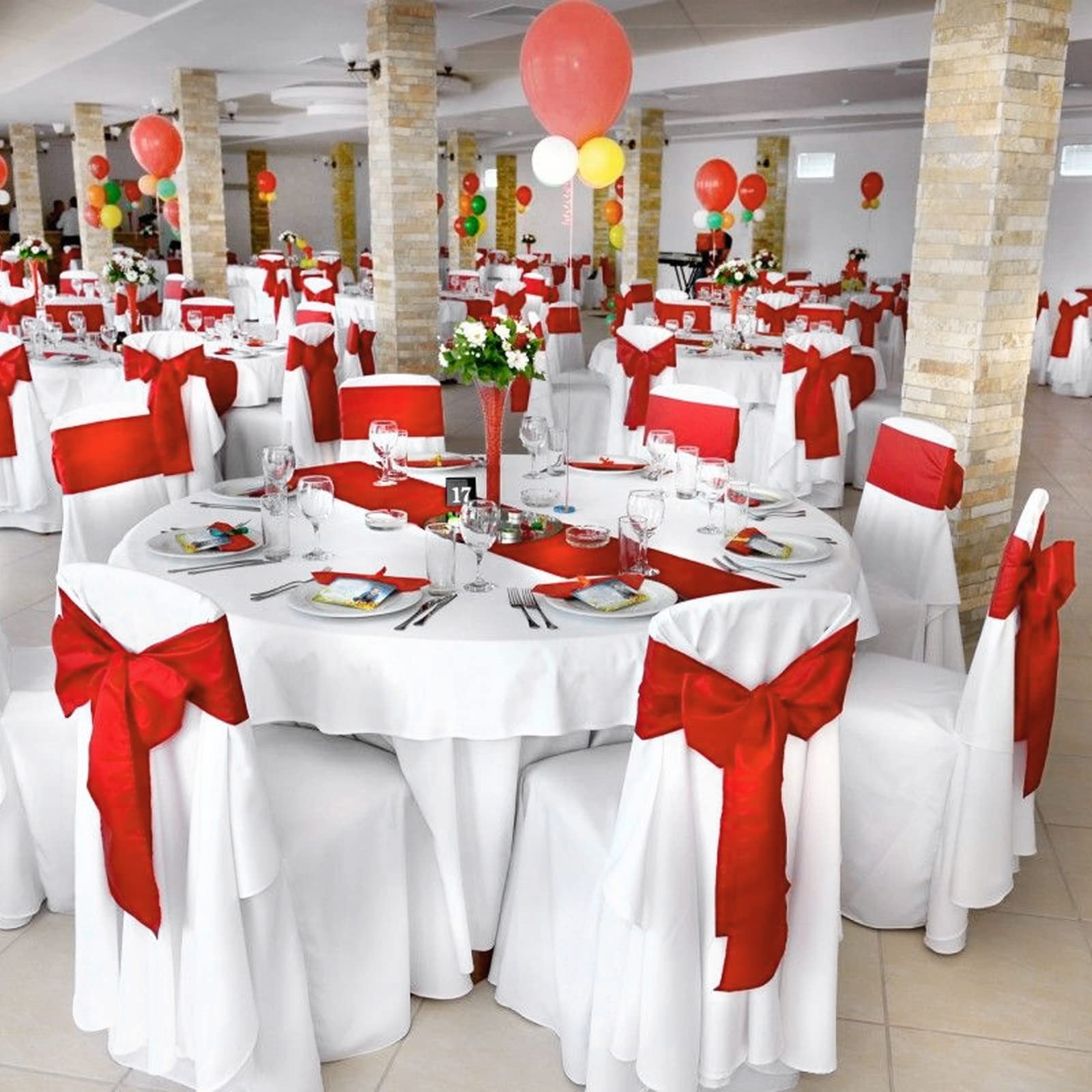 FXKS 100 PCS Satin Chair Sashes Red Bows Sashes for Chair Covers, Washable Reusable Chair Cover Back Tie Supplies for Wedding Reception Christmas Banquets Home Kitchen Decoration (7 x 108 inch)