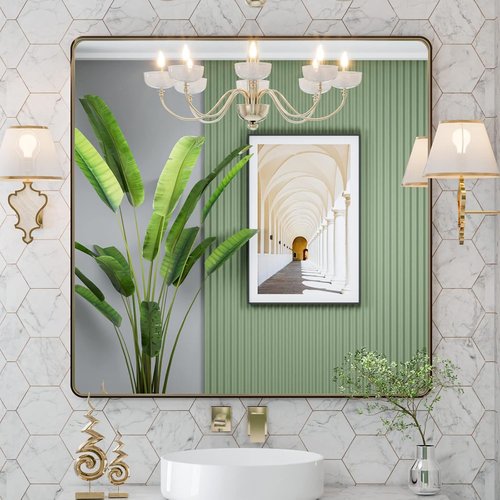 LOAAO Bronze Bathroom Mirror - 36”x36” Rounded Rectangle with Anti-Rust Metal Frame | Hangs Horizontally or Vertically