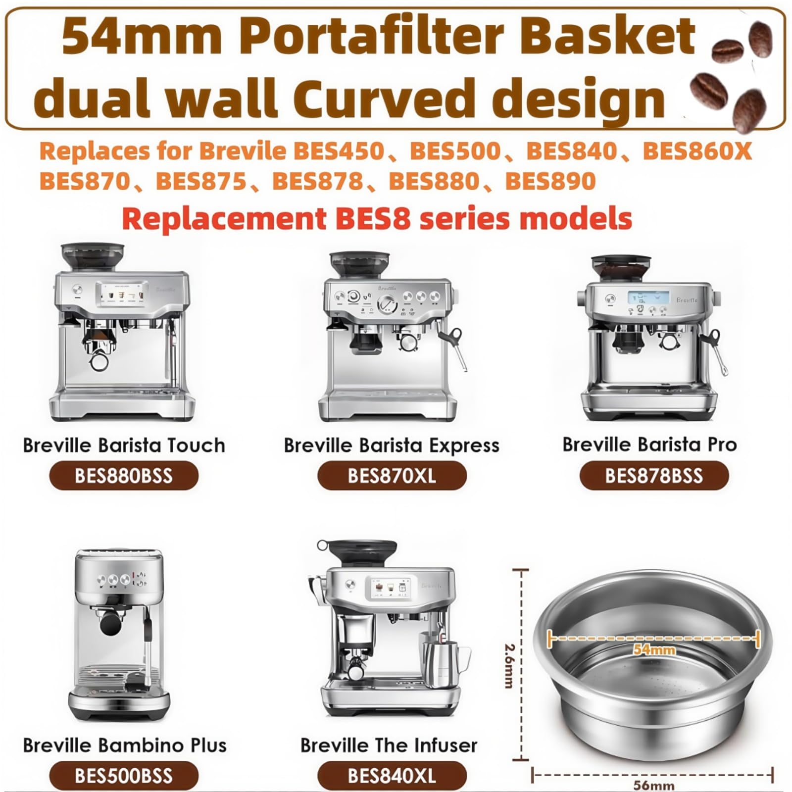 BES860XL Double Cup Dual Wall coffee Filter Basket compatible with Breville BES870/875/880/878/890/500/BES860XL Coffee Machine Pressurized Filter Basket basket Fits various Breville models