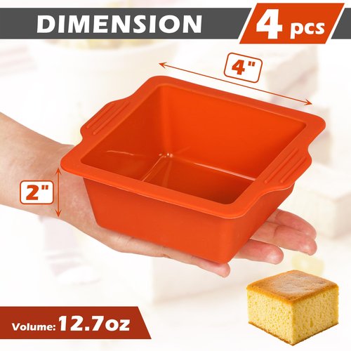 Webake 4 Inch Silicone Square Cake Pans, Nonstick Mini Square Silicone Molds for Baking, Ice Cube, Jelly, Soap, BPA Free Set of 4