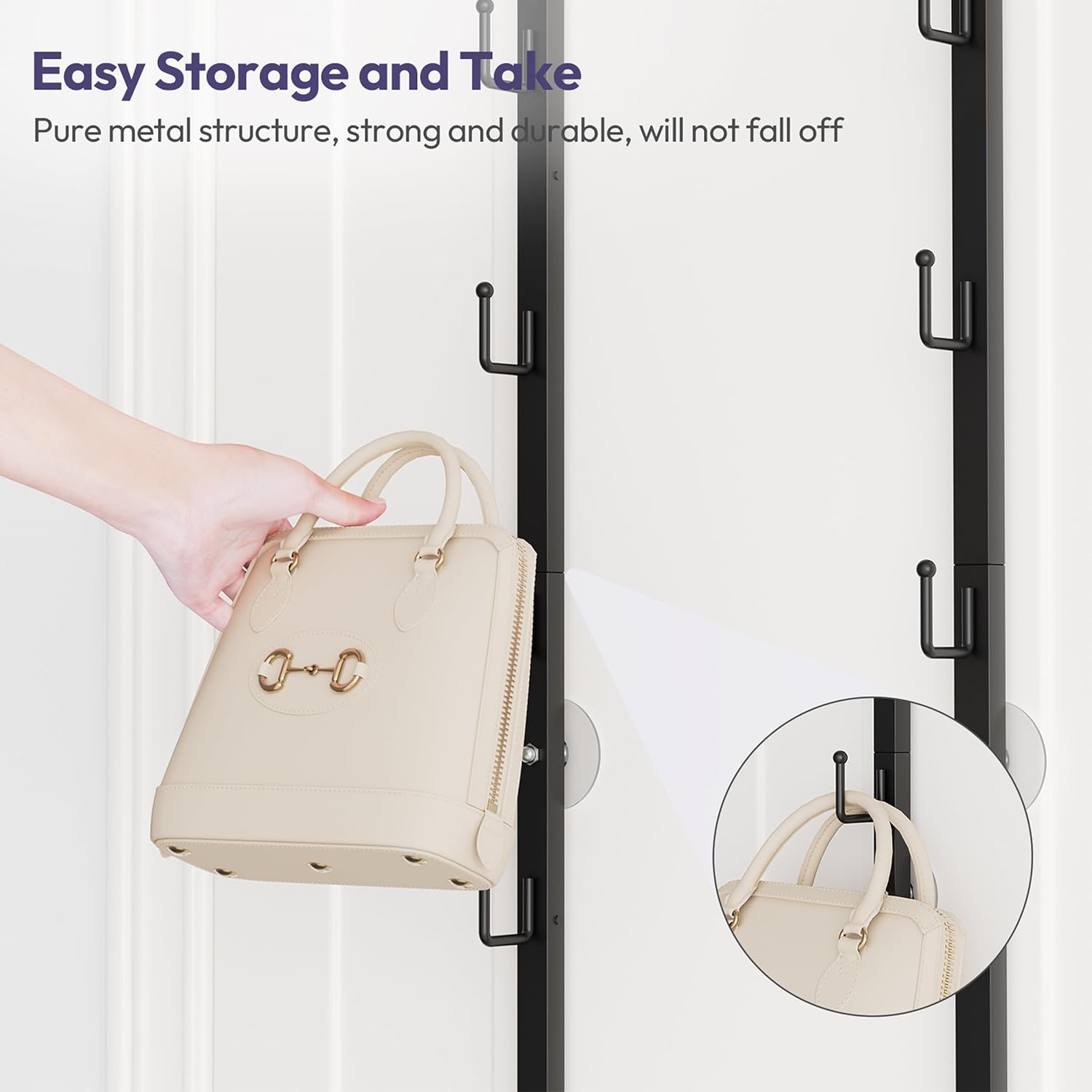 SWTYMIKI Over The Door Purse Organizer - 2-Pack Wall-Mounted Rack with 8 Hooks for 16 Bags | Black