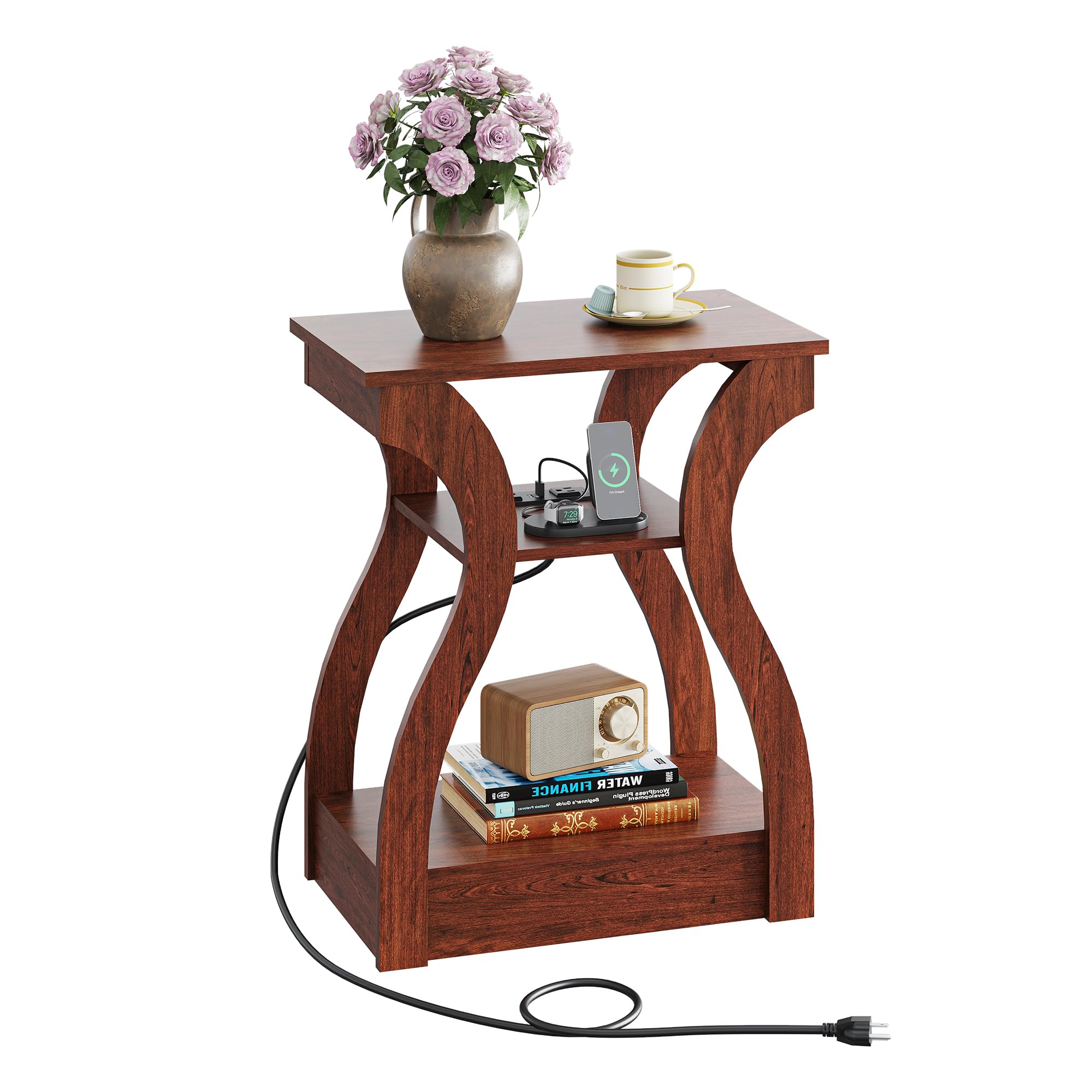 WLIVE End Tables Living Room Set of 2, Cherry Side Tables with Charging Station, Nightstand for Bedroom, 3 Tier End Table with Storage Shelf, Side Table Set of 2 for Living Room, Cherry